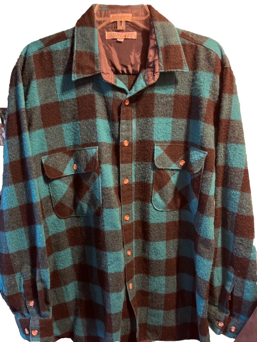Sundays Vintage Men’s XL Wool Blend Blue Plaid Long Sleeve Flannel Shirt Y2K